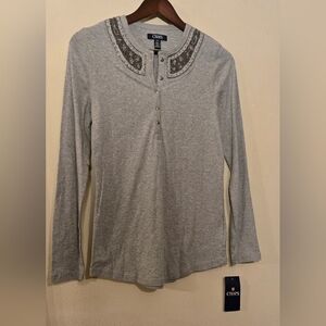 Women's CHAPS Gray Long Sleeve Tee with Silver Beaded Collar SM 16W x 25L NEW